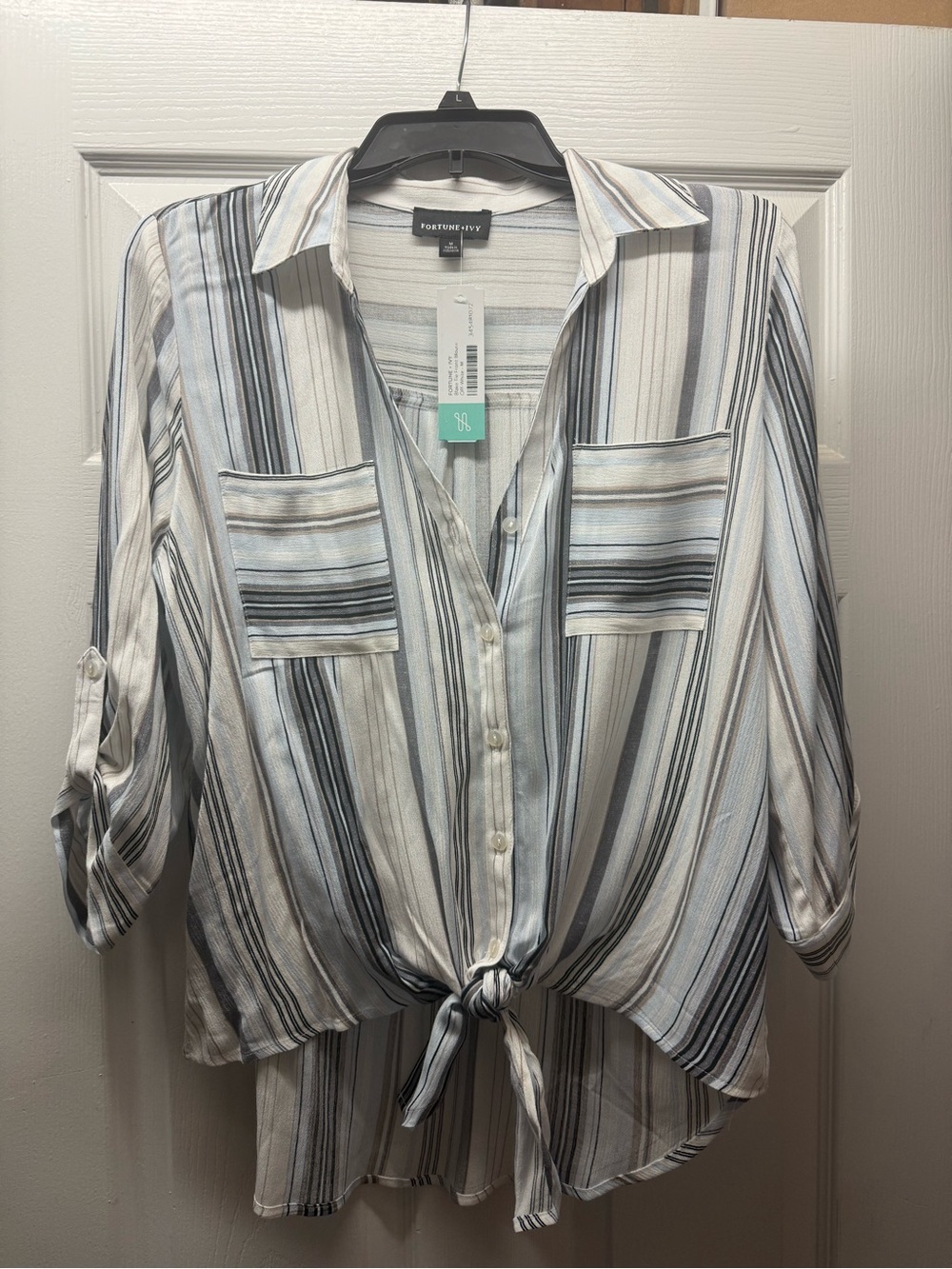 Striped Tie-Front Button-Down Shirt in Light Blue and Gray